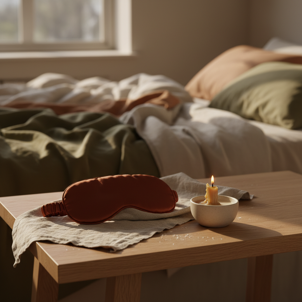 Mulberry Silk Sleep Eye Mask on bedside table