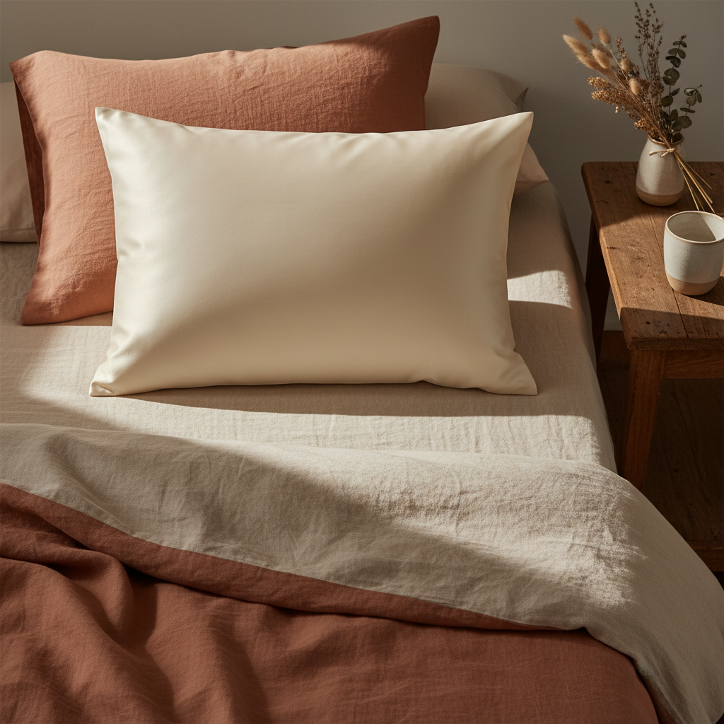 100% Mulberry Silk Pillowcase flat lay with botanicals