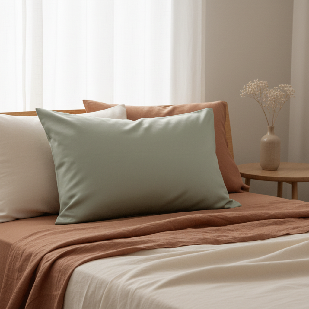 100% Mulberry Silk Pillowcase styled on bed