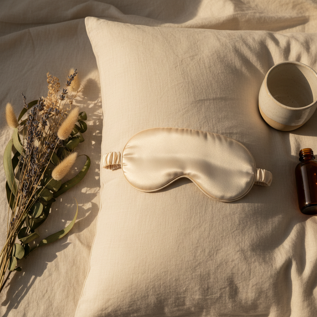 Mulberry Silk Sleep Eye Mask flat lay with botanicals