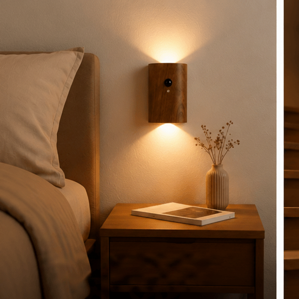 Wooden Motion Sensor Night Light bedside scene