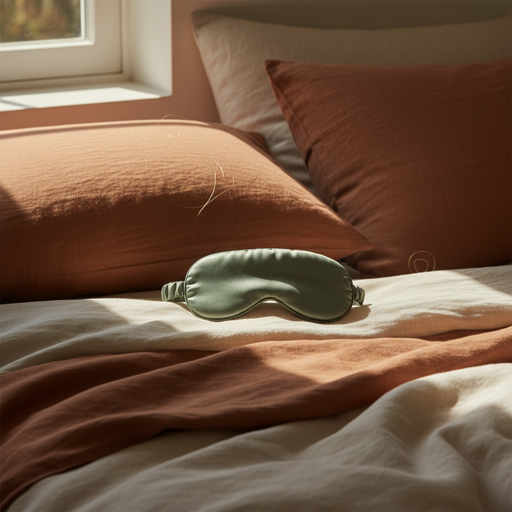 Mulberry Silk Sleep Eye Mask styled on bed