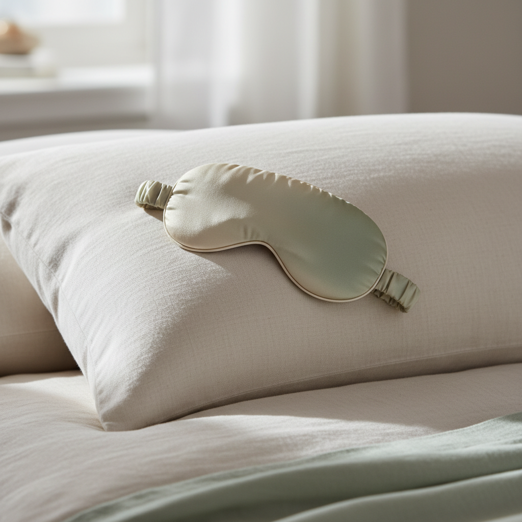 Mulberry Silk Sleep Eye Mask draped over pillow